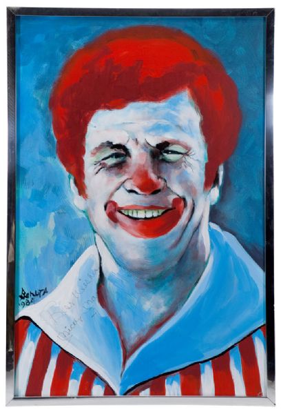 1984 ORIGINAL PAINTING "MICKEY MANTLE AS A CLOWN" SIGNED AND DATED BY MANTLE