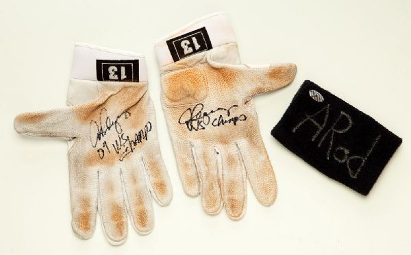 2009 ALEX RODRIGUEZ GAME USED BATTING GLOVES INSCRIBED "WS CHAMPS" AND GAME USED WRIST BAND