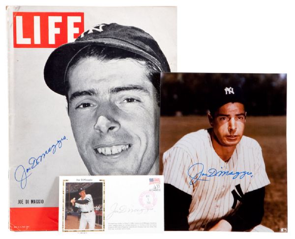 JOE DIMAGGIO SIGNED 1939 LIFE MAGAZINE, 8" BY 10" PHOTO AND FIRST DAY COVER (3)