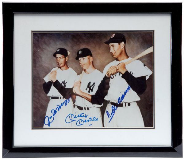 JOE DIMAGGIO, MICKEY MANTLE AND TED WILLIAMS AUTOGRAPHED COLORIZED 8" BY 10" PHOTO