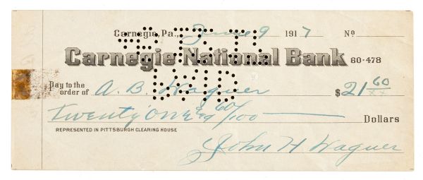 1917 HONUS WAGNER SIGNED BANK CHECK TO HIS BROTHER ALBERT