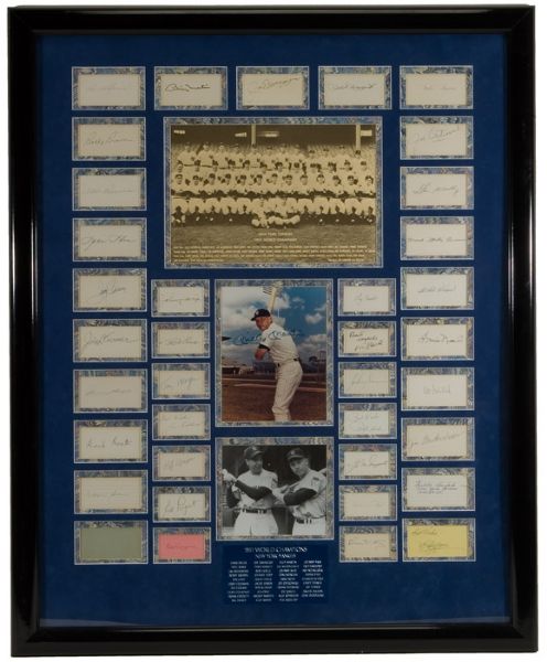 1951 WORLD CHAMPION NEW YORK YANKEES FRAMED COLLAGE OF CUT SIGNATURES WITH MANTLE SIGNED PICTURE