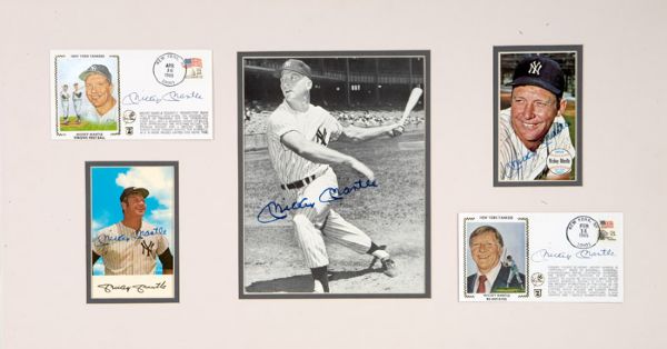 MICKEY MANTLE DISPLAY WITH 5 AUTOGRAPHED PIECES