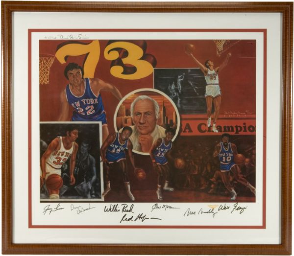 1973 WORLD CHAMPION NEW YORK KNICKS LIMITED EDITION LITHOGRAPH SIGNED BY ALL 7 HALL OF FAMERS FRAMED