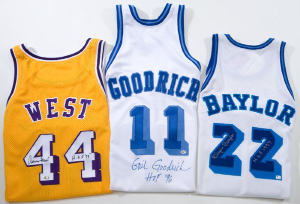 LOS ANGELES LAKER HALL OF FAMER LOT OF 3 REPLICA JERSEYS - WEST, BAYLOR AND GOODRICH