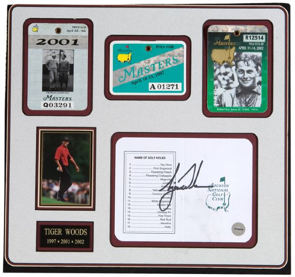 TIGER WOODS SIGNED AUGUSTA NATIONAL CARD AND ADMISSION PASSES FROM HIS CHAMPIONSHIP YEARS