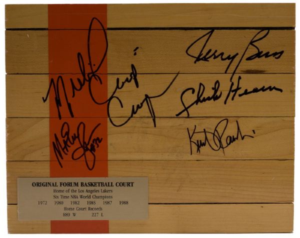 ORIGINAL 10 X 8 FORUM BASKETBALL FLOOR PIECE SIGNED BY FIVE LAKERS INCLUDING MAGIC JOHNSON & CHICK HEARN