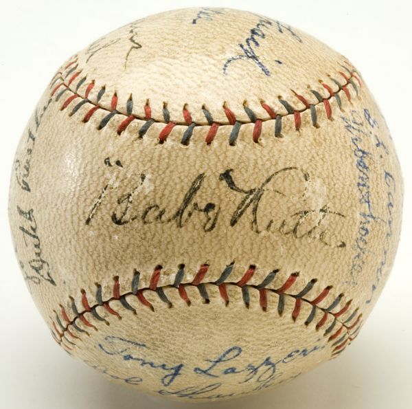 1927 WORLD CHAMPION NEW YORK YANKEES AND OTHERS SIGNED BALL WITH RUTH, GEHRIG, HUGGINS, SHOCKER, ALEXANDER AND FRISCH