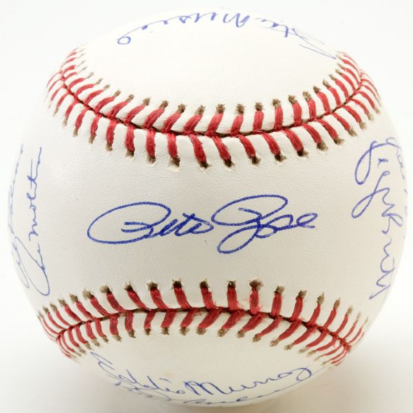 BASEBALL SIGNED BY 15 HALL OF FAMERS INCLUDING AARON, MAYS, MUSIAL PLUS PETE ROSE