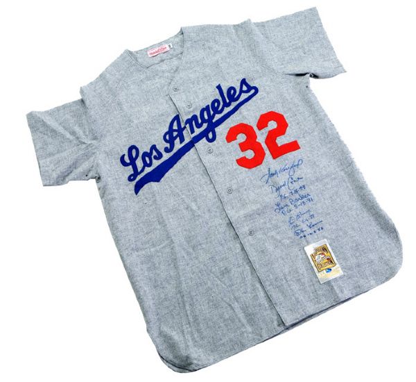 SANDY KOUFAX MITCHELL & NESS COOPERSTOWN COLLECTION REPLICA JERSEY SIGNED BY 5 PERFECT GAME PITCHERS