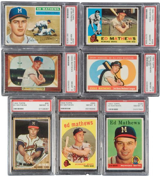 1954-1968 EDDIE MATHEWS TOPPS AND BOWMAN NM-MT PSA 8 GRADED COLLECTION OF 12