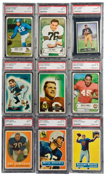 1951-58 TOPPS AND BOWMAN FOOTBALL PSA GRADED LOT OF 22 INCLUDING 10 HALL OF FAMERS