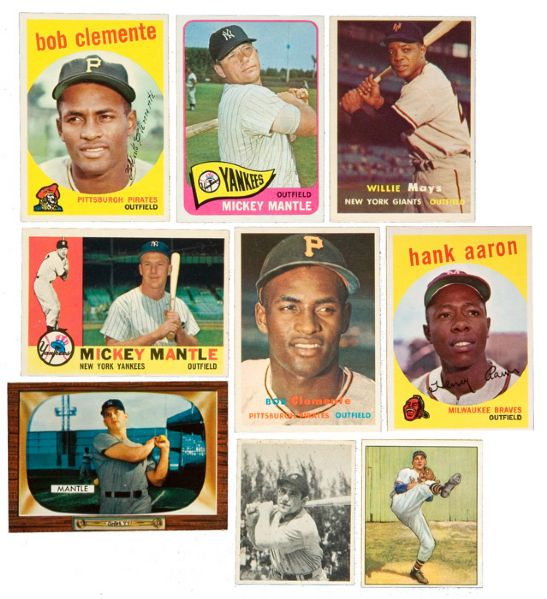 1948 THRU 1968 HALL OF FAME LOT OF MOSTLY MANTLE (6), MAYS (3), AARON (6), AND CLEMENTE (8)
