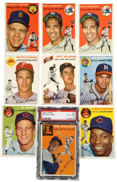 1954 TOPPS LOT OF 30 INCLUDING #1 TED WILLIAMS PSA 6 EX-MT AND 5 OTHER HALL OF FAMERS
