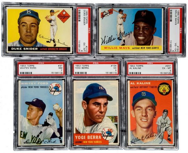 1949 THRU 1956 TOPPS AND BOWMAN PSA GRADED HALL OF FAME LOT OF 9 INCLUDING MAYS (2), BERRA (2), KALINE, SNIDER 