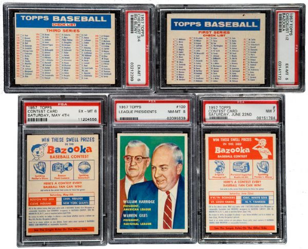 1957 TOPPS PSA GRADED LOT OF 5 - LEAGUE PRESIDENTS, 2 CHECKLISTS, AND 2 CONTEST CARDS