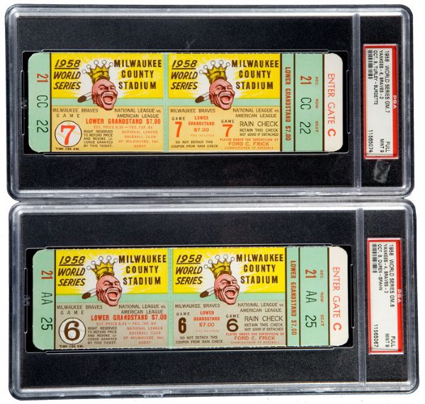 1958 WORLD SERIES (YANKEES/BRAVES) GAME 1, 2, 6, 7 FULL UNUSED TICKETS - ALL PSA 9 MINT