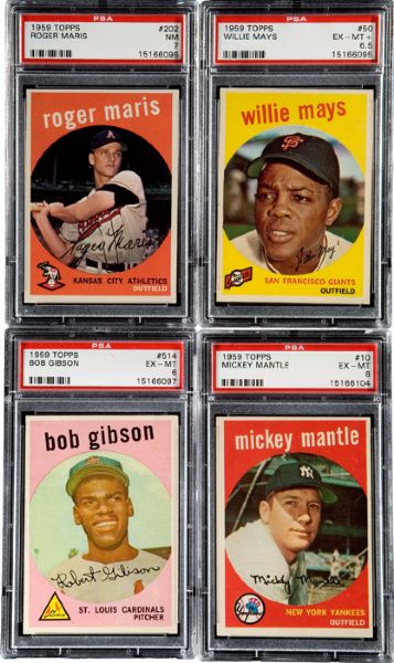 1959 TOPPS #10 MANTLE, #50 MAYS, #202 MARIS AND #514 GIBSON - ALL PSA GRADED