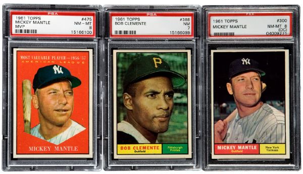 1961 TOPPS #300 MANTLE, 388 CLEMENTE, AND 475 MANTLE MVP - ALL PSA GRADED