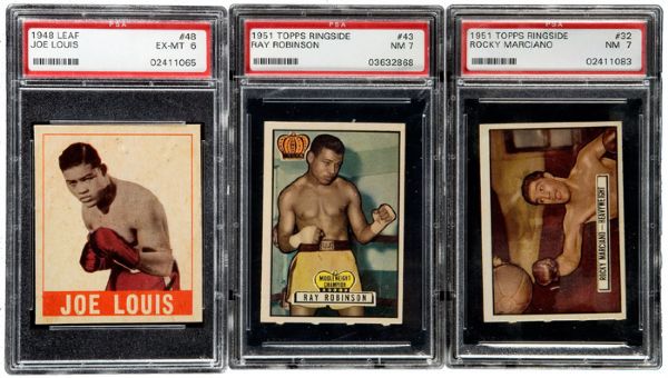 1948 LEAF BOXING JOE LOUIS, 1951TOPPS RINGSIDE ROCKY MARCIANO AND RAY ROBINSON - ALL PSA GRADED