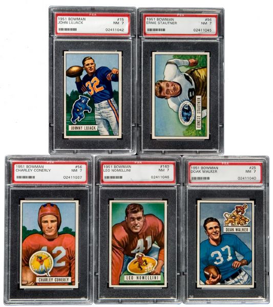 1951 BOWMAN FOOTBALL NM PSA 7 LOT OF 5 INCLUDING STAUTNER AND CONERLY