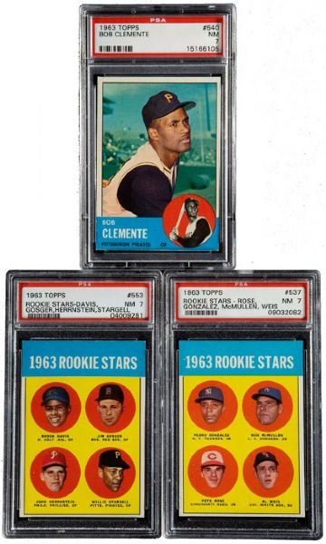 1963 TOPPS LOT OF 3 KEY HIGH NUMBERS - #537 ROSE, #540 CLEMENTE AND #553 STARGELL - ALL PSA 7 NM