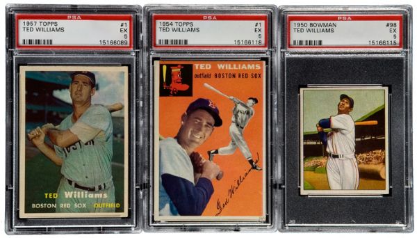 1950 BOWMAN, 1954 TOPPS AND 1957 TOPPS TED WILLIAMS - ALL PSA 5 EX