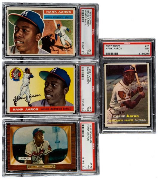 1955 BOWMAN, 1955 TOPPS, 1956 TOPPS, AND 1957 TOPPS HANK AARON - ALL PSA 7 NM