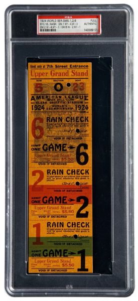 1924 WORLD SERIES (NEW YORK GIANTS AT WASHINGTON SENATORS) GAME 1, 2 AND 6, BLOCK OF 3 UNUSED TICKETS PSA AUTHENTIC