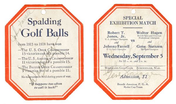SPECIAL EXHIBITION SPALDING GOLF BALL TAG SIGNED BY JONES JR., HAGAN, SARAZAN AND FARRELL
