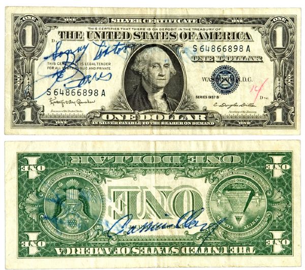 1957 U.S. SILVER CERTIFICATE SIGNED BY CASSIUS CLAY, SONNY LISTON AND JOE LOUIS