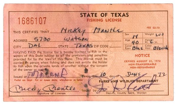 1972 MICKEY MANTLE SIGNED FISHING LICENSE FROM HIS ESTATE