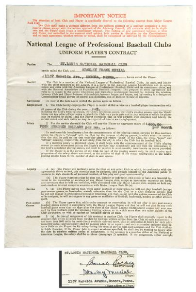 1942 ST. LOUIS CARDINALS STAN MUSIAL SIGNED CONTRACT