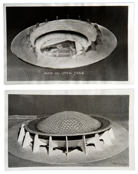 1956 PAIR OF PROPOSED BROOKLYN DODGER DOMED STADIUM WIRE PHOTOS