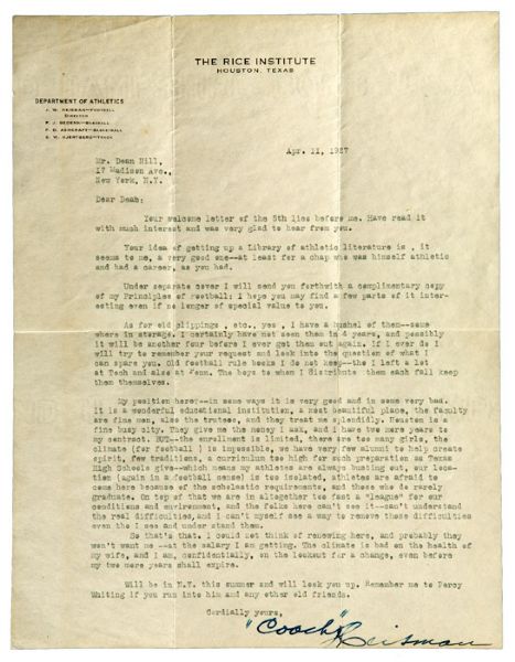 APRIL 11, 1927 JOHN W. HEISMAN TSL WITH OUTSTANDING FOOTBALL CONTENT