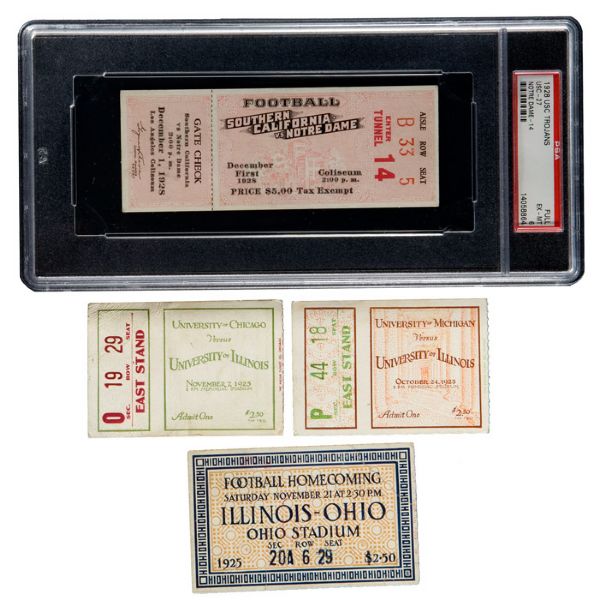 1928 USC - NOTRE DAME PSA 6 EX-MT FULL TICKET PLUS 3 OTHER 1925 ILLINOIS TICKET STUBS FROM RED GRANGES FINAL YEAR (VS MICHIGAN, OHIO, CHICAGO)