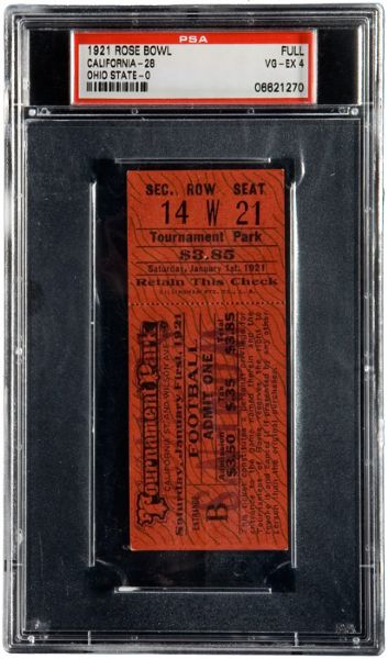 1921 ROSE BOWL (CALIFORNIA/OHIO STATE) FULL TICKET PSA 4 VG-EX (EARLIEST KNOWN)