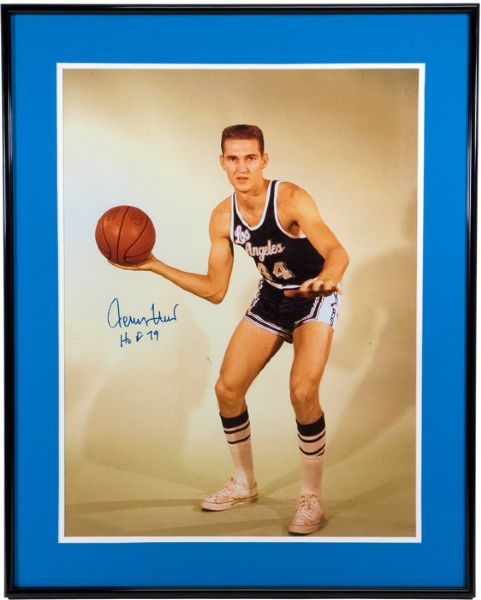FRAMED SIGNED AND INSCRIBED "HOF 79" CANVAS OF JERRY WEST FROM HIS ROOKIE YEAR