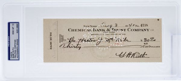 1940 BABE RUTH SIGNED CHECK GRADED PSA/DNA GEM MT 10