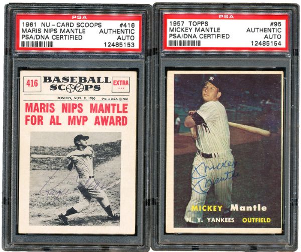 1957 TOPPS MANTLE AND 1961 NU-CARD SCOOPS MARIS SIGNED - BOTH PSA/DNA AUTHENTIC