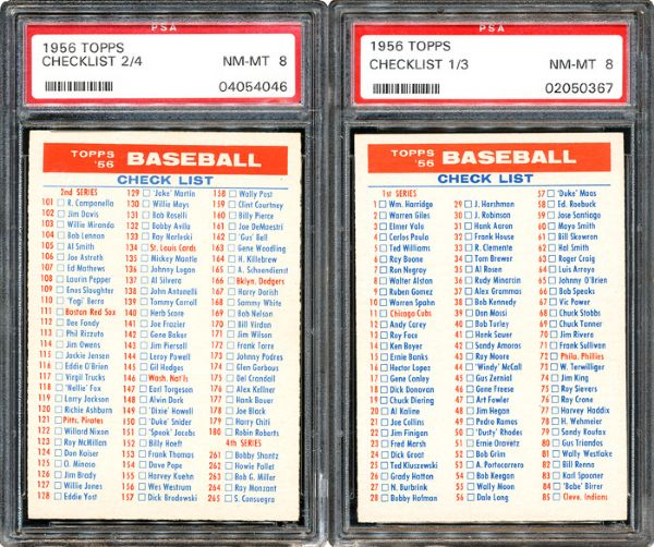 1956 TOPPS CHECKLISTS 1/3 AND 2/4 - BOTH PSA 8 NM-MT