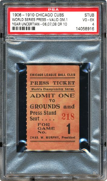 1906-07-08 OR 10 WORLD SERIES GAME 1 (AT CHICAGO CUBS) PRESS TICKET STUB - PSA 4 VG-EX 