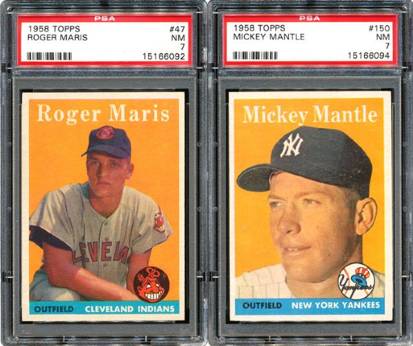 1958 TOPPS #150 MICKEY MANTLE AND #47 ROGER MARIS - BOTH PSA 7 NM