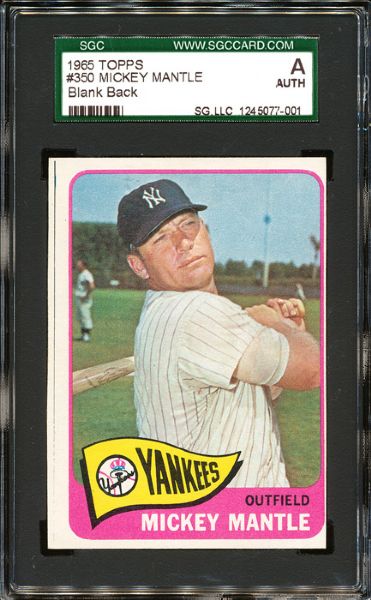 1965 TOPPS MICKEY MANTLE BLANK BACK PROOF SGC AUTHENTIC