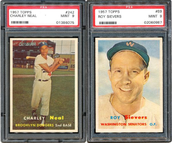 1957 TOPPS BASEBALL MINT PSA 9 GRADED PAIR - #89 ROY SIEVERS AND #242 CHARLEY NEAL