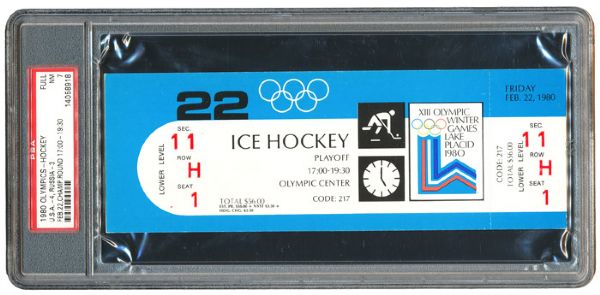 2/22/80 - 1980 WINTER OLYMPICS USA VS RUSSIA "MIRACLE ON ICE" FULL UNUSED TICKET PSA 7 NM