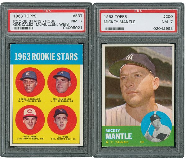 1963 TOPPS #200 MANTLE AND #537 ROSE ROOKIE - BOTH NM PSA 7
