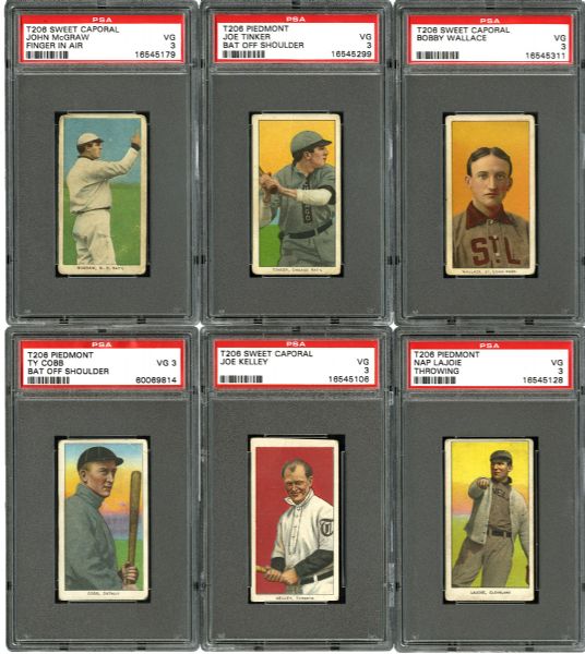 1909-11 T206 VG PSA 3 GRADED LOT OF 6 HALL OF FAMERS INCLUDING COBB, LAJOIE, AND MCGRAW