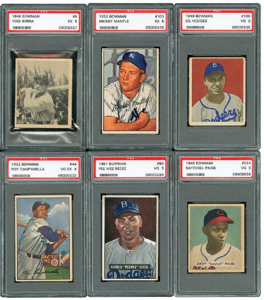 1948 THRU 1952 BOWMAN PSA GRADED LOT OF 6 HALL OF FAMERS INCLUDING MANTLE, PAIGE, AND BERRA