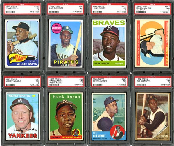 1960-1969 TOPPS NM PSA 7 LOT OF 11 - MANTLE (2), CLEMENTE (3), AARON (3), AND MAYS (3)